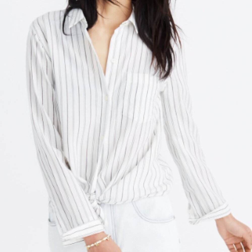 Madewell Tie-Front Shirt in Darcy Stripe - True Black and White - Picture 2 of 8